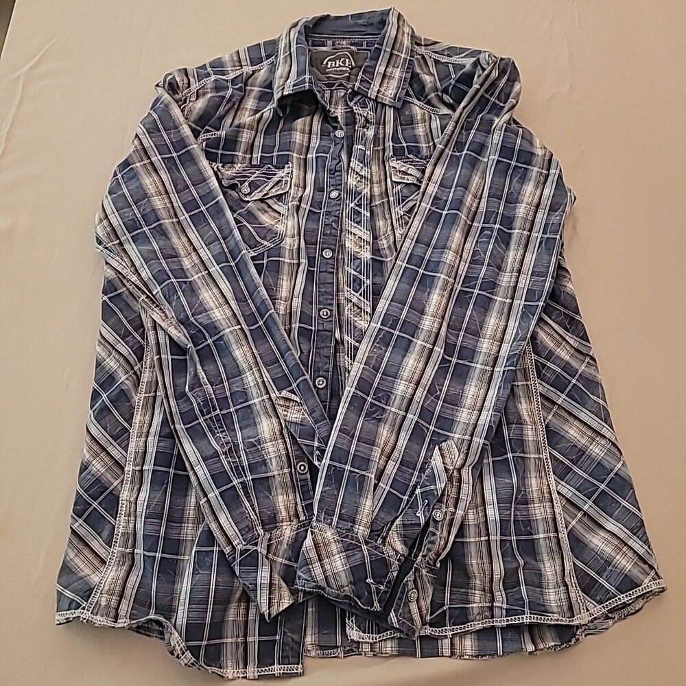 BKE Buckle Western Shirt Blue Gray Plaid Athletic Fit Large Stitch Mens Large